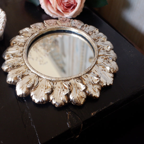 Set of 2 Shabby Chic SILVER Round Decorative Ornate Small Convex Mirrors
