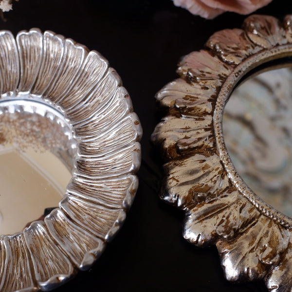 Set of 2 Shabby Chic SILVER Round Decorative Ornate Small Convex Mirrors