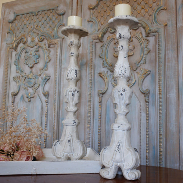 New Vintage French Shabby Chic Stone Effect Off White Candlestick Candle Holder
