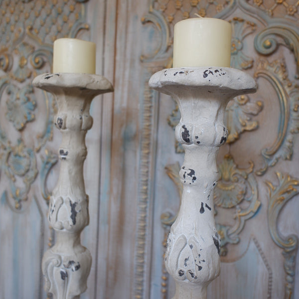 New Vintage French Shabby Chic Stone Effect Off White Candlestick Candle Holder