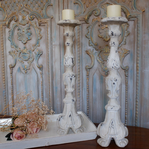 New Vintage French Shabby Chic Stone Effect Off White Candlestick Candle Holder