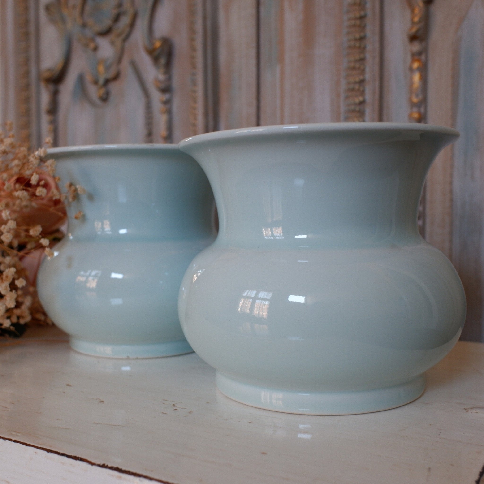 Pale Blue/Green PORCELAIN Bulbous Vase China Glazed Urn Pot