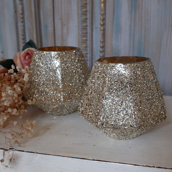 New Shabby Chic Large GOLD Glitter Glass Tea Light Candle Holder