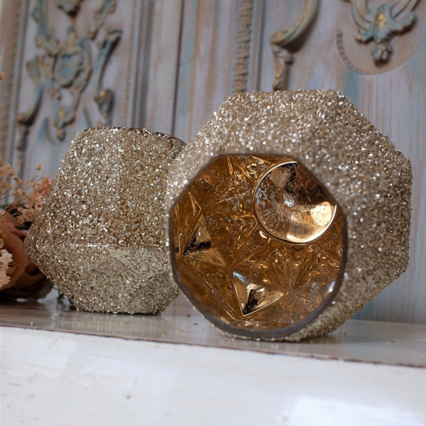 New Shabby Chic Large GOLD Glitter Glass Tea Light Candle Holder