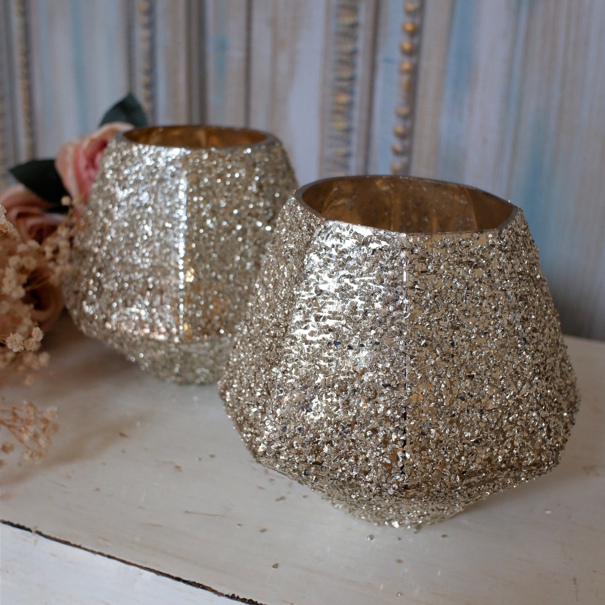 New Shabby Chic Large GOLD Glitter Glass Tea Light Candle Holder