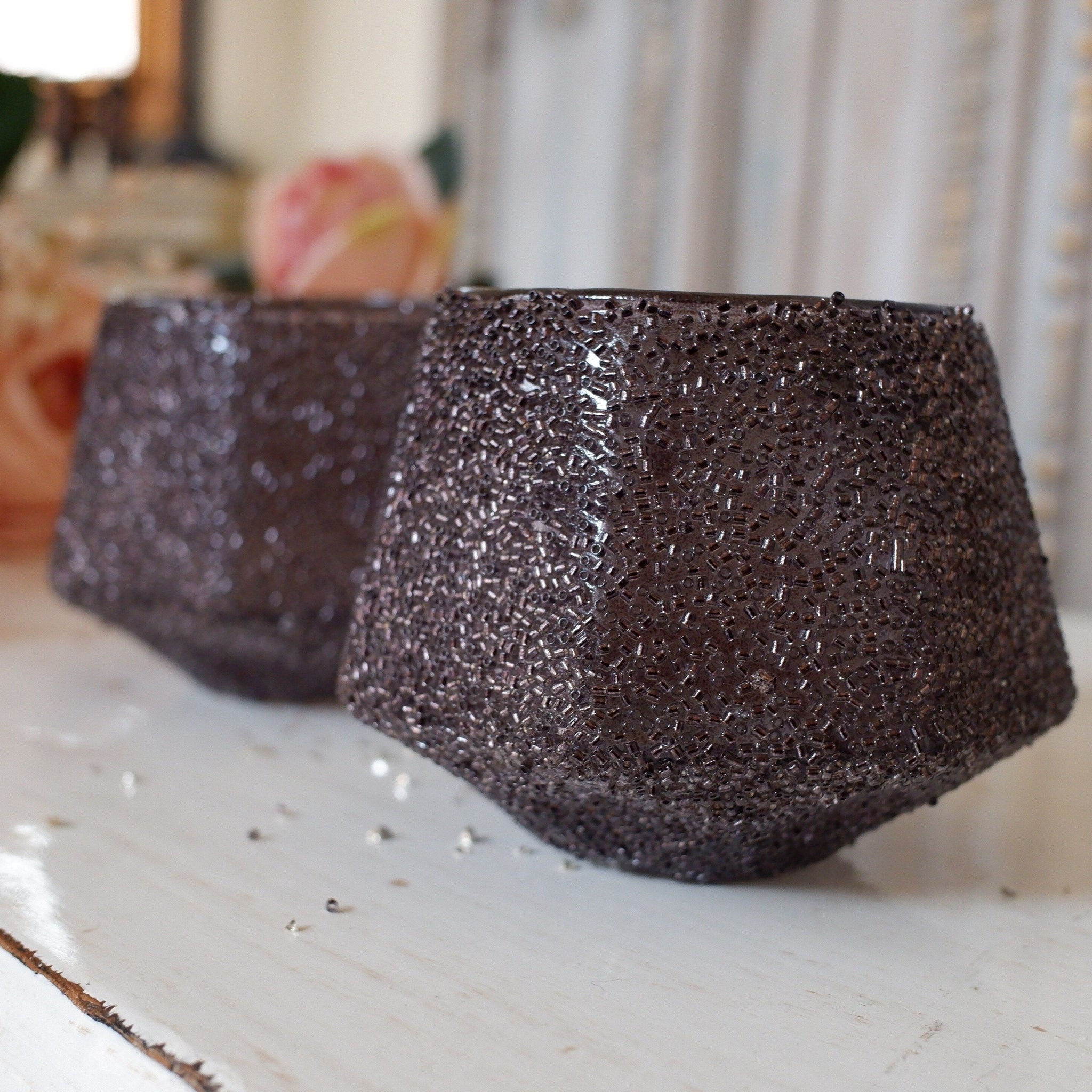 New Shabby Chic Small BLACK Glitter Glass Tea Light Candle Holder