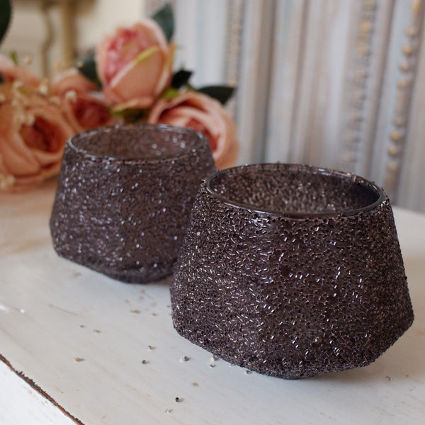 New Shabby Chic Small BLACK Glitter Glass Tea Light Candle Holder