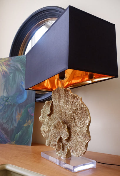 New Gold Faux CORAL Table Lamp w/Black Rectangular Shade