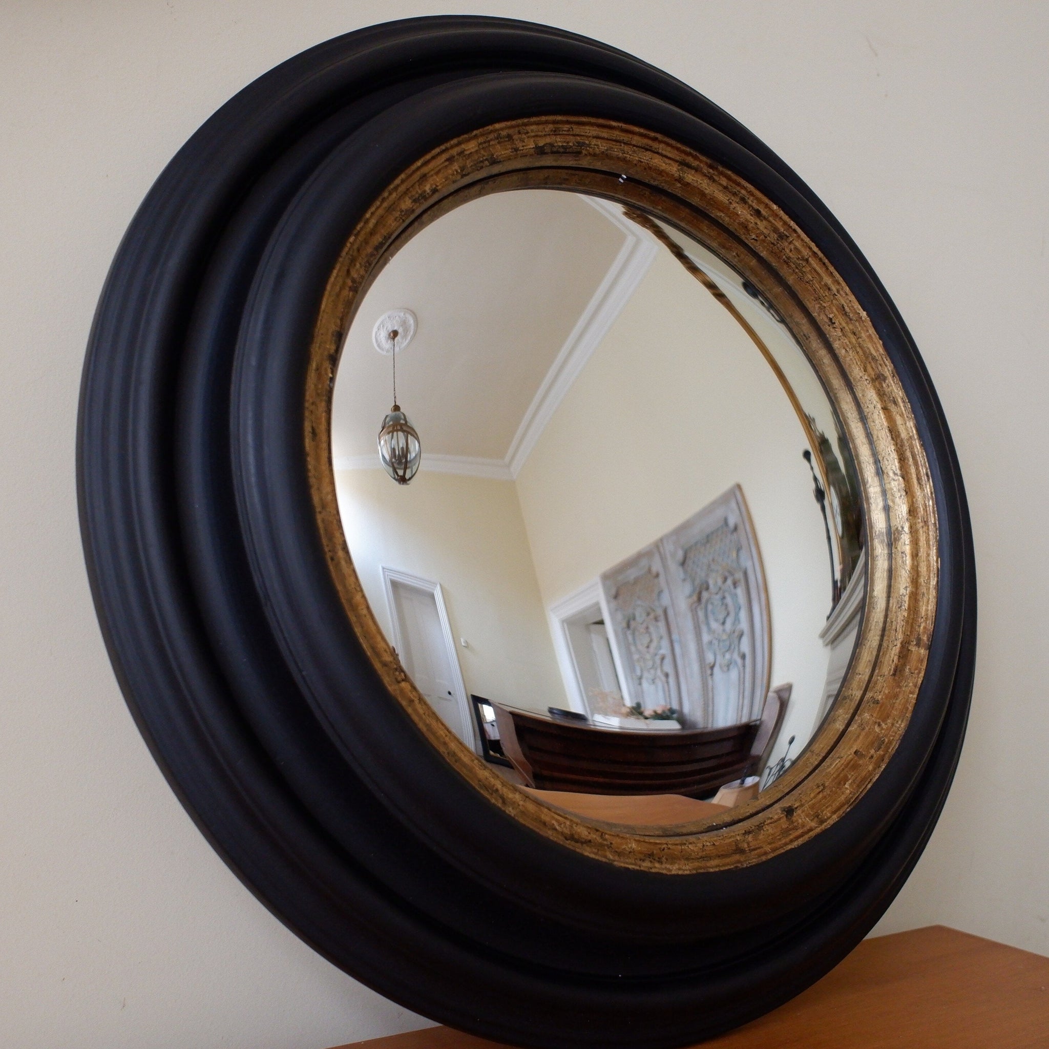 Black & Gold CONVEX Rustic Round Vintage Style Wall Mirror 55cm