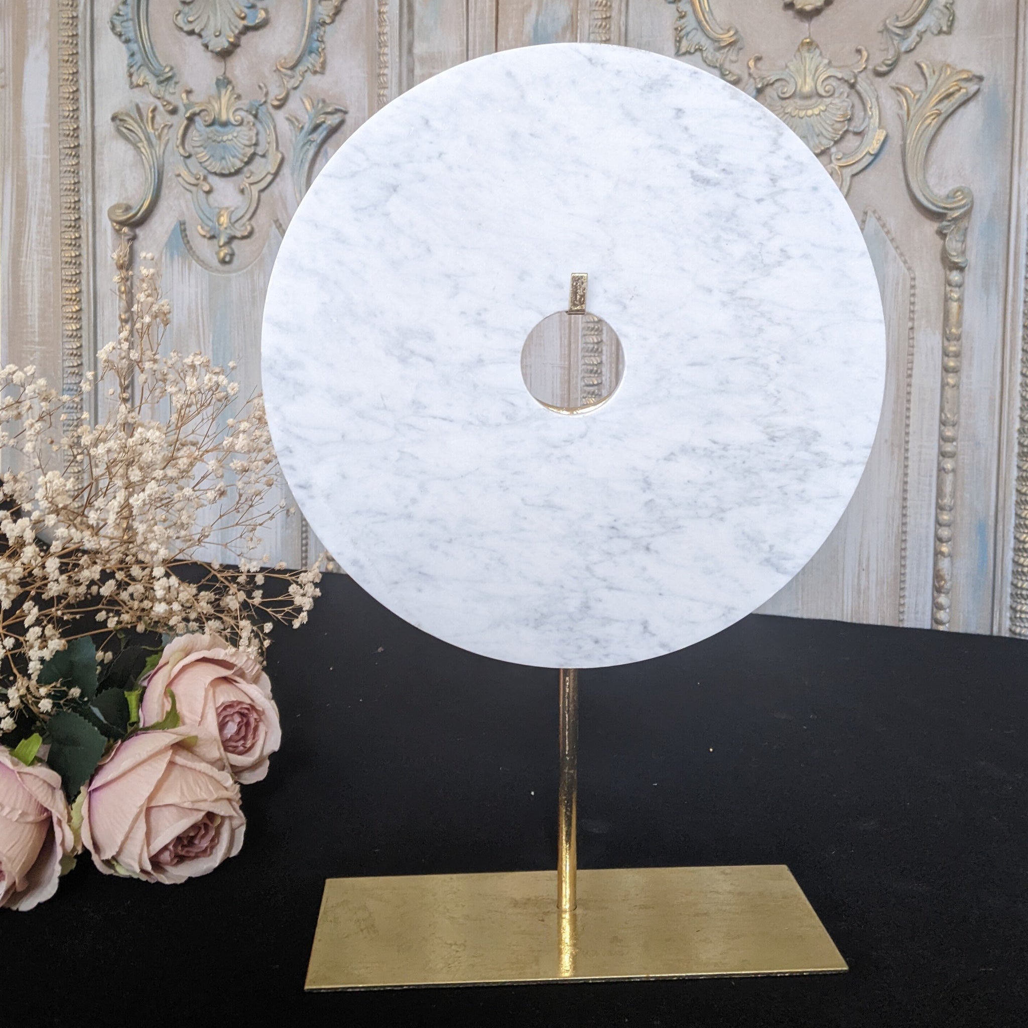 New Natural Handmade Stone Modern White MARBLE Disc on Gold Stand