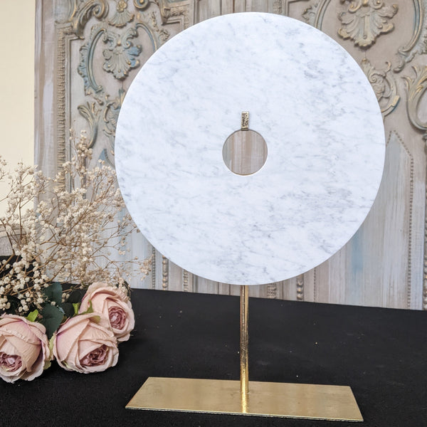 New Natural Handmade Stone Modern White MARBLE Disc on Gold Stand