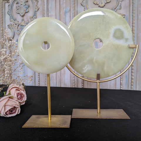 New Natural Stone Modern Handmade Green JADE Disc on Gold Stand - 2 Sizes