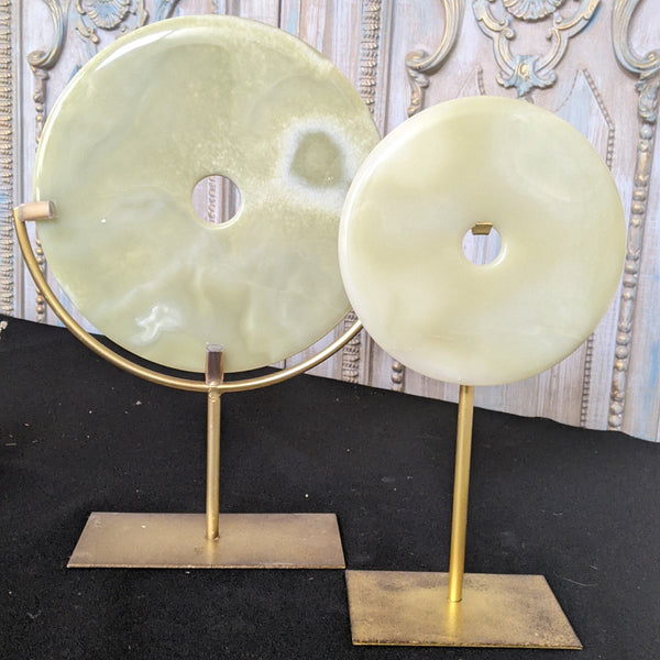 New Natural Stone Modern Handmade Green JADE Disc on Gold Stand - 2 Sizes