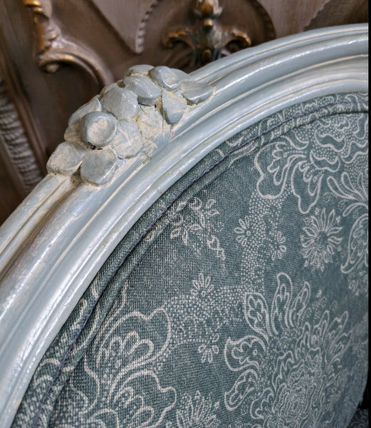 Vintage FRENCH Louis Shabby Chic Carved Blue LINEN Fireside Library Tub Armchair