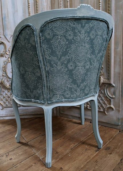 Vintage FRENCH Louis Shabby Chic Carved Blue LINEN Fireside Library Tub Armchair