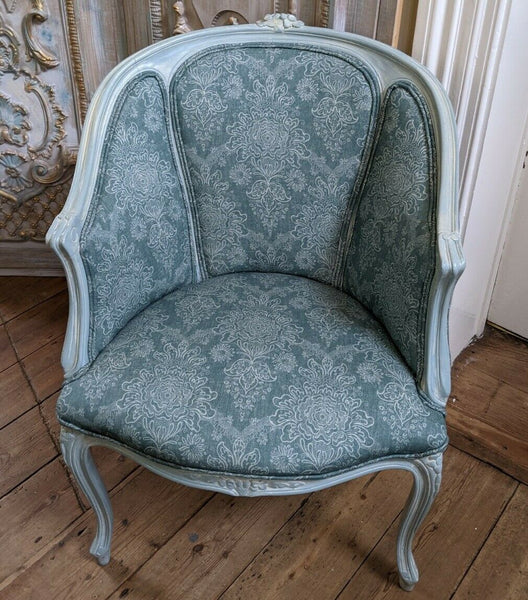 Vintage FRENCH Louis Shabby Chic Carved Blue LINEN Fireside Library Tub Armchair