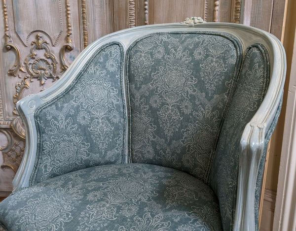 Vintage FRENCH Louis Shabby Chic Carved Blue LINEN Fireside Library Tub Armchair