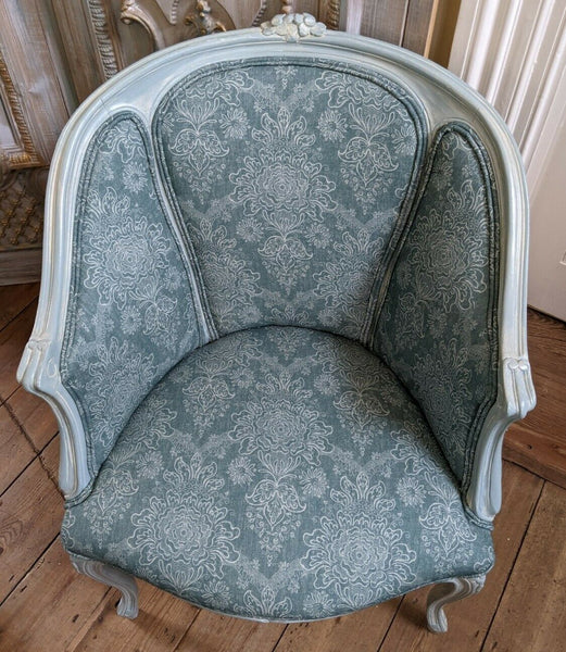 Vintage FRENCH Louis Shabby Chic Carved Blue LINEN Fireside Library Tub Armchair