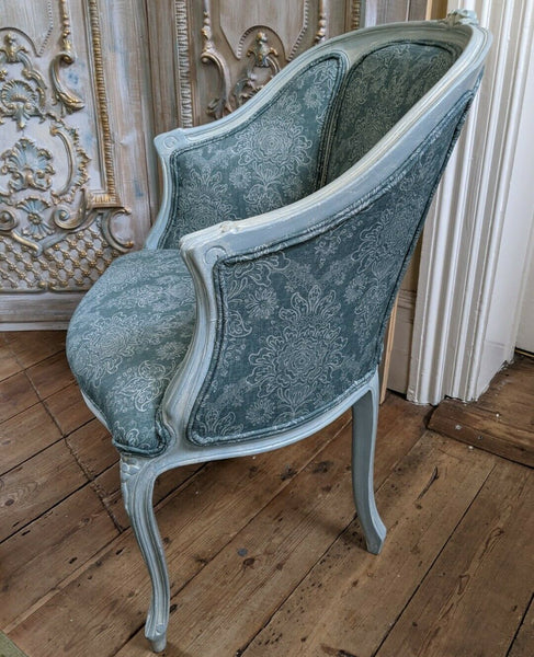 Vintage FRENCH Louis Shabby Chic Carved Blue LINEN Fireside Library Tub Armchair