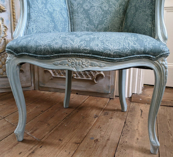 Vintage FRENCH Louis Shabby Chic Carved Blue LINEN Fireside Library Tub Armchair