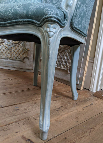 Vintage FRENCH Louis Shabby Chic Carved Blue LINEN Fireside Library Tub Armchair