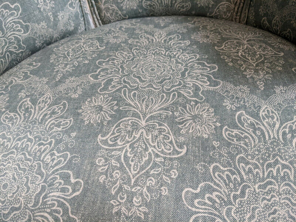 Vintage FRENCH Louis Shabby Chic Carved Blue LINEN Fireside Library Tub Armchair