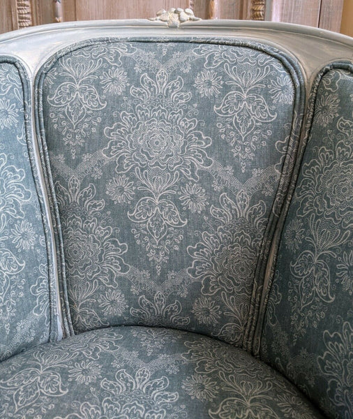 Vintage FRENCH Louis Shabby Chic Carved Blue LINEN Fireside Library Tub Armchair