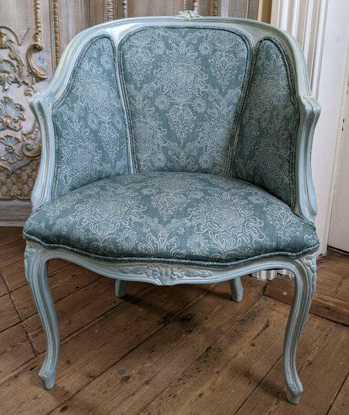 Vintage FRENCH Louis Shabby Chic Carved Blue LINEN Fireside Library Tub Armchair